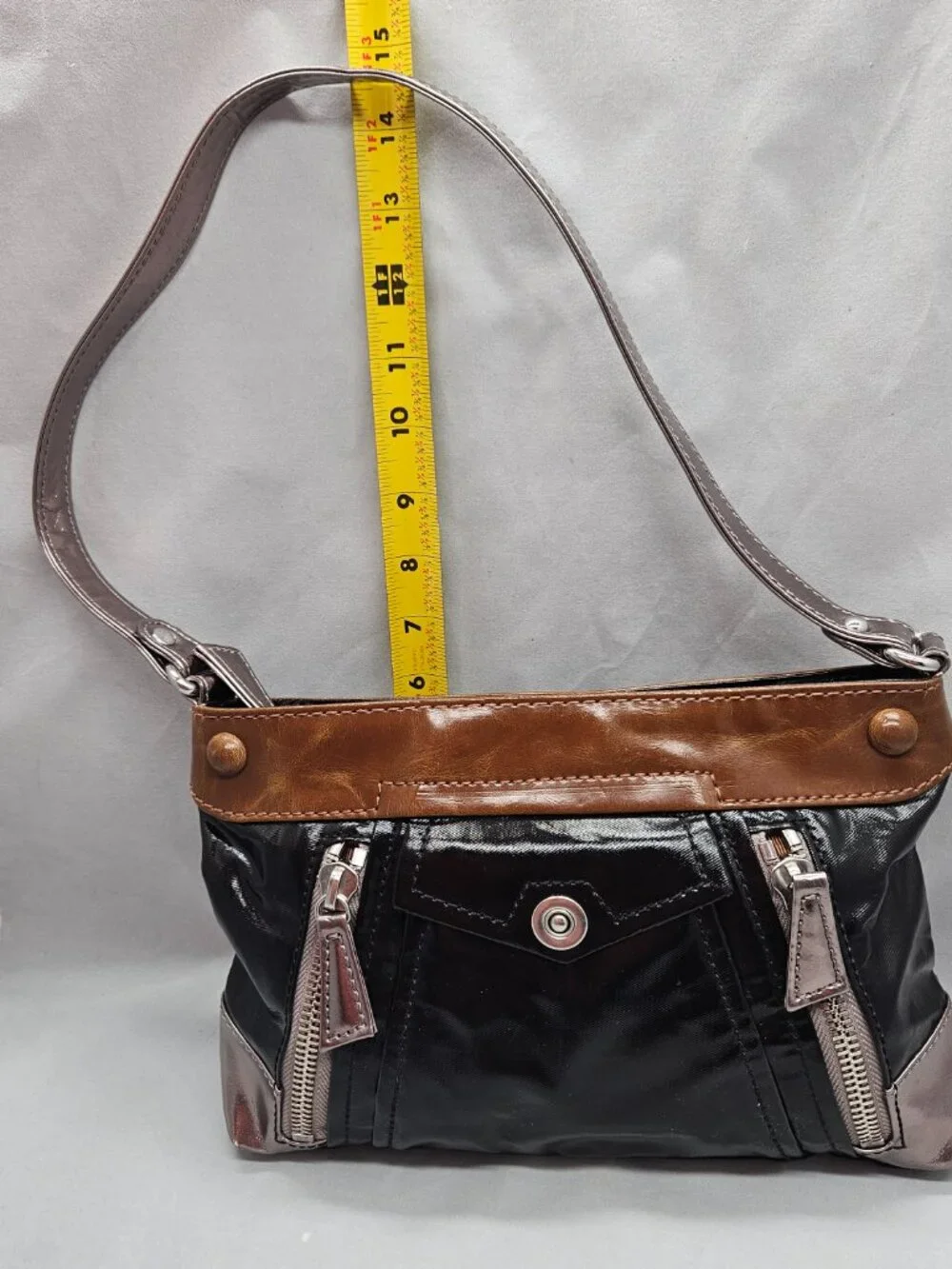 Kate Landry Vinyl Shoulder Bag Black Brown Small Hobo Purse Shiny Y2K 90s